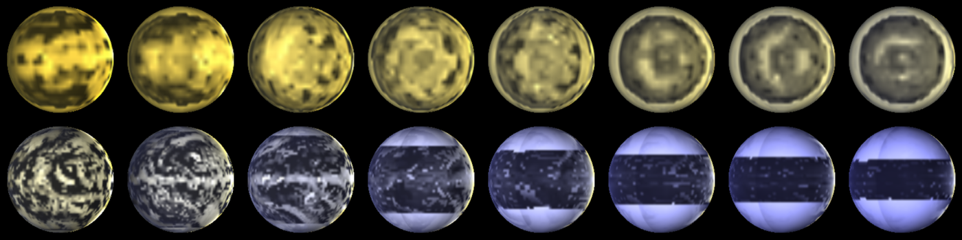 Two rows of planets, progressing from yellow to blue from top left to bottom right. The top row appears to represent tidally-locked planets, while the bottom row appears to represent Earth-like planets.